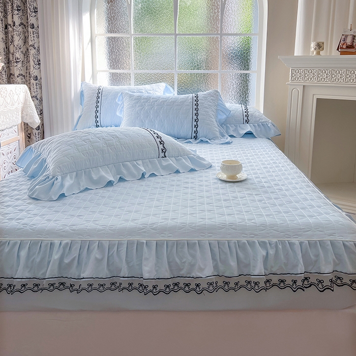 91家纺网 家纺一手货源 找家纺 网红馆（ck家纺） 2026新款喜芙棉蕾丝夹棉蜜芙蕾床笠 冰清蓝