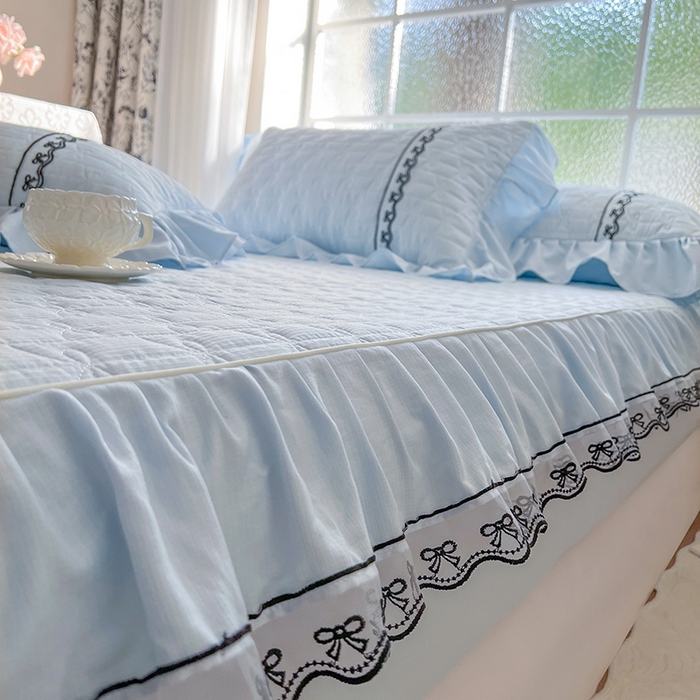 91家纺网 家纺一手货源 找家纺 网红馆（ck家纺） 2026新款喜芙棉蕾丝夹棉蜜芙蕾床笠 冰清蓝