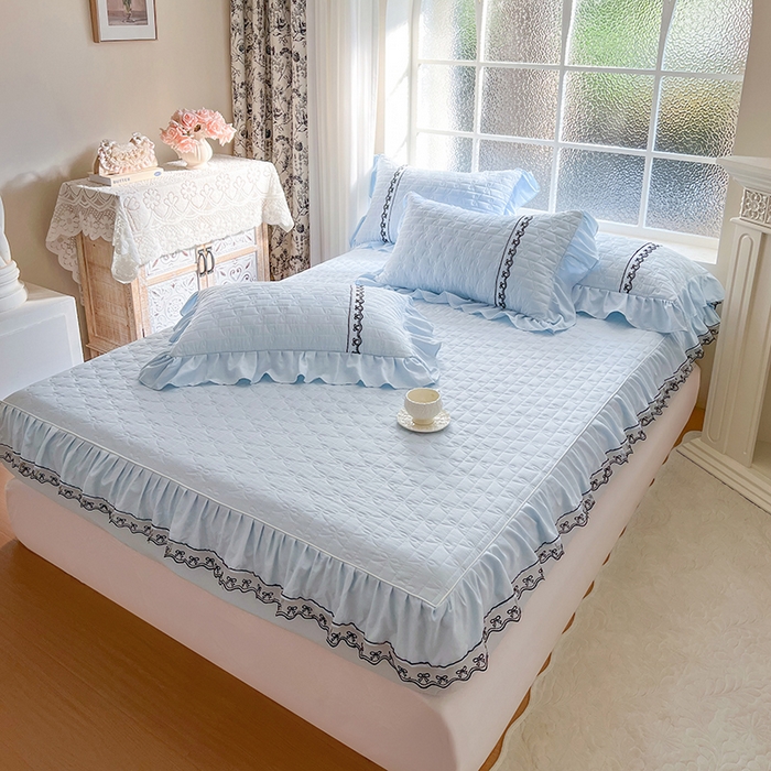 91家纺网 家纺一手货源 找家纺 网红馆（ck家纺） 2026新款喜芙棉蕾丝夹棉蜜芙蕾床笠 冰清蓝