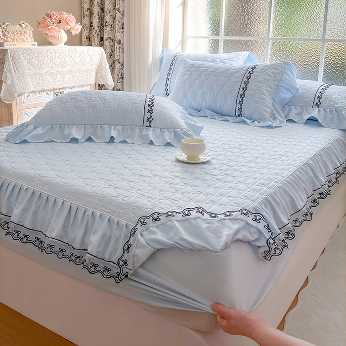 网红馆（ck家纺） 2026新款喜芙棉蕾丝夹棉蜜芙蕾床笠 冰清蓝