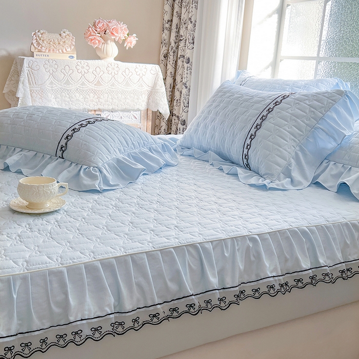 91家纺网 家纺一手货源 找家纺 网红馆（ck家纺） 2026新款喜芙棉蕾丝夹棉蜜芙蕾床笠 冰清蓝