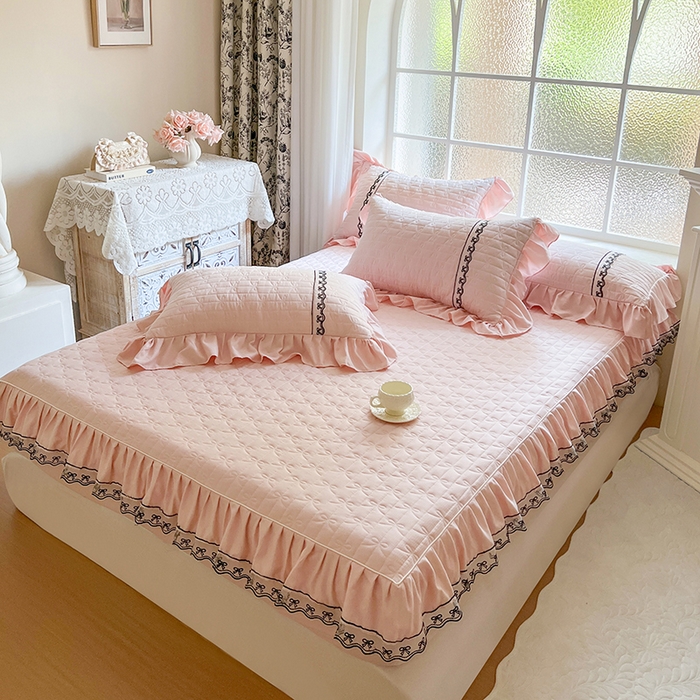 91家纺网 家纺一手货源 找家纺 网红馆（ck家纺） 2026新款喜芙棉蕾丝夹棉蜜芙蕾床笠 樱花粉