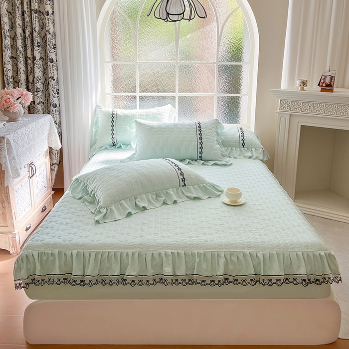 91家纺网 家纺一手货源 找家纺 网红馆（ck家纺） 2026新款喜芙棉蕾丝夹棉蜜芙蕾床笠 豆蔻绿