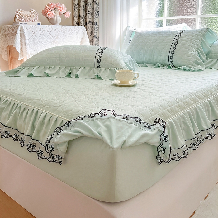 91家纺网 家纺一手货源 找家纺 网红馆（ck家纺） 2026新款喜芙棉蕾丝夹棉蜜芙蕾床笠 豆蔻绿