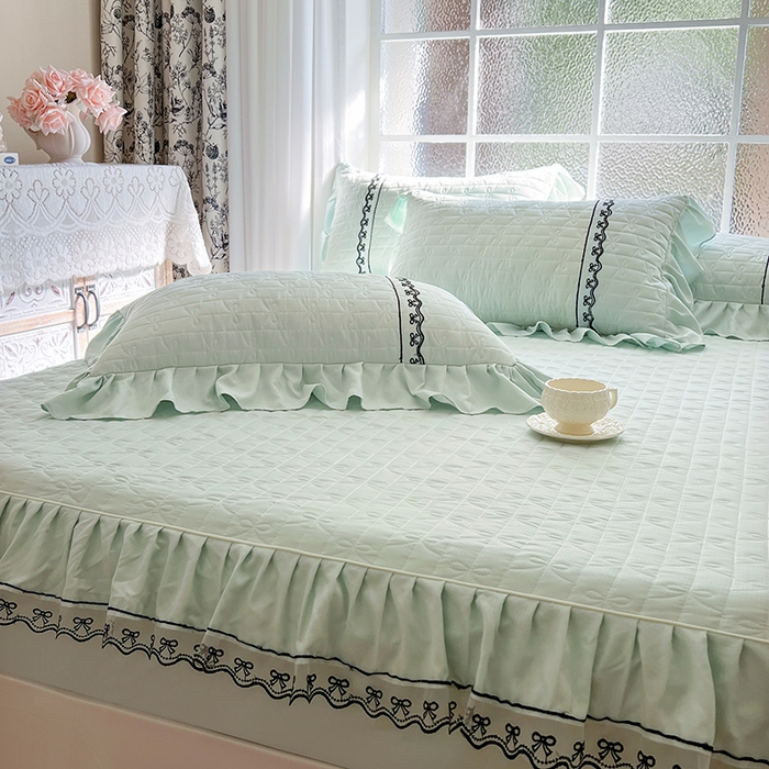 91家纺网 家纺一手货源 找家纺 网红馆（ck家纺） 2026新款喜芙棉蕾丝夹棉蜜芙蕾床笠 豆蔻绿