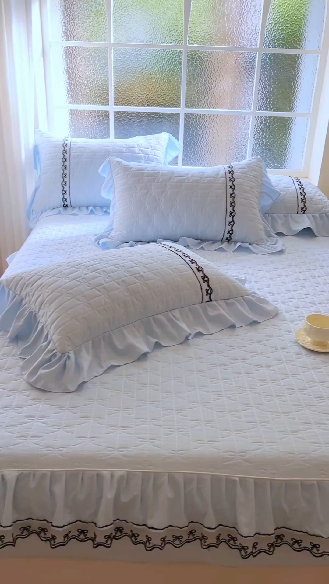 91家纺网 家纺一手货源 找家纺 网红馆（ck家纺） 2026新款喜芙棉蕾丝夹棉蜜芙蕾床笠 冰清蓝