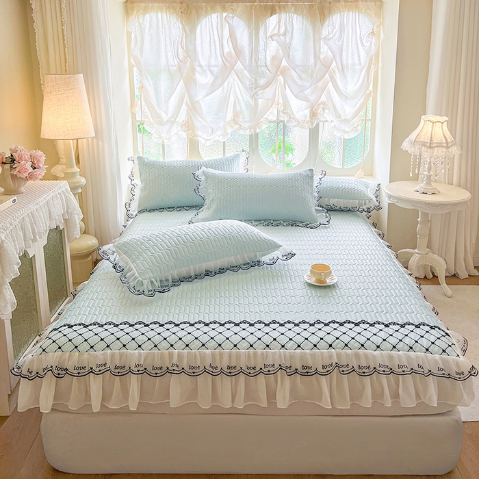 网红馆（ck家纺） 2026新款凉感丝床笠式床裙乳胶凉席三件套-露娜 露娜-蓝