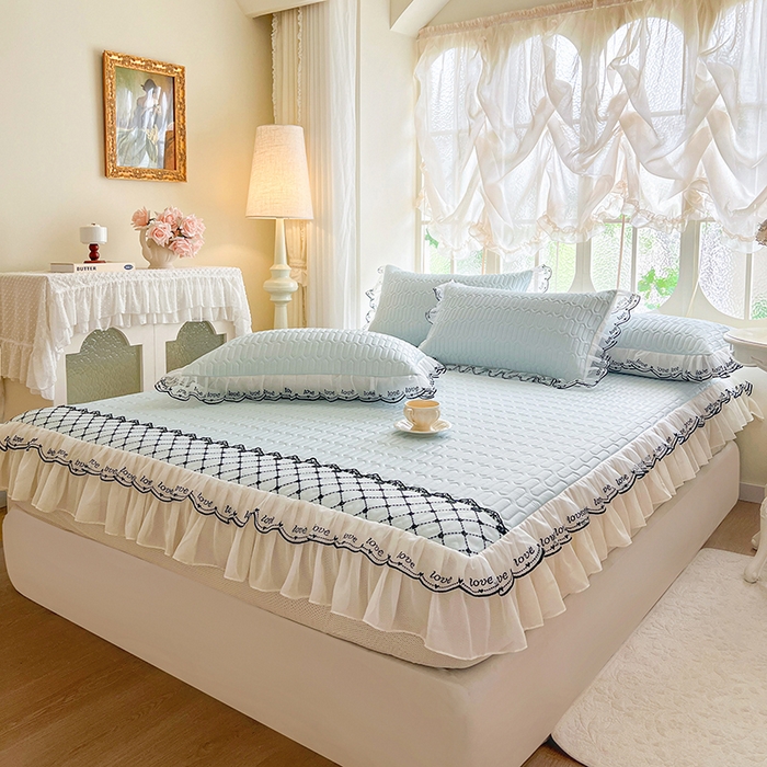 91家纺网 家纺一手货源 找家纺 网红馆（ck家纺） 2026新款凉感丝床笠式床裙乳胶凉席三件套-露娜 露娜-蓝