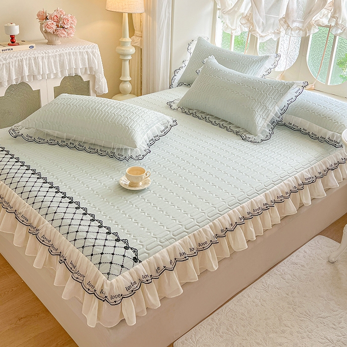 91家纺网 家纺一手货源 找家纺 网红馆（ck家纺） 2026新款凉感丝床笠式床裙乳胶凉席三件套-露娜 露娜-绿