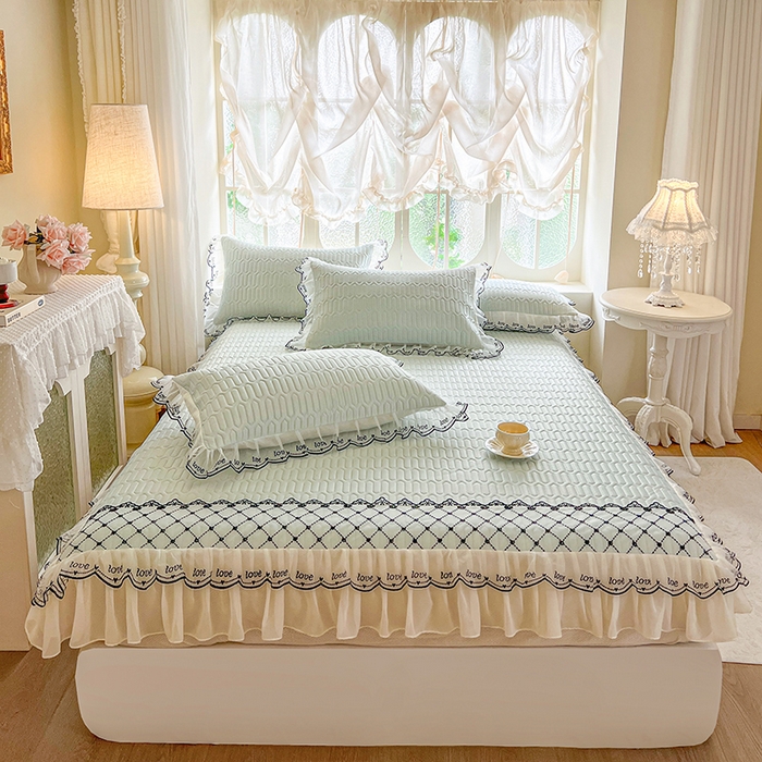 网红馆（ck家纺） 2026新款凉感丝床笠式床裙乳胶凉席三件套-露娜 露娜-绿