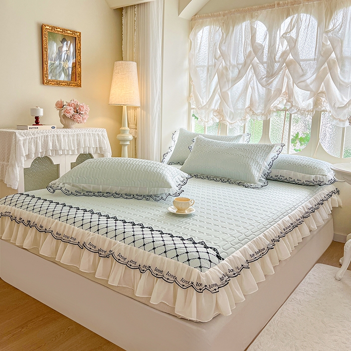 91家纺网 家纺一手货源 找家纺 网红馆（ck家纺） 2026新款凉感丝床笠式床裙乳胶凉席三件套-露娜 露娜-绿