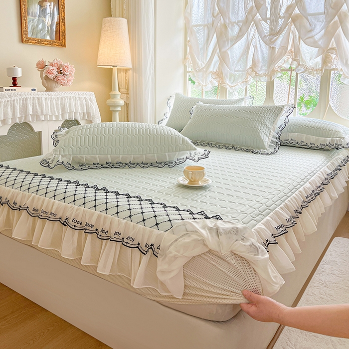 91家纺网 家纺一手货源 找家纺 网红馆（ck家纺） 2026新款凉感丝床笠式床裙乳胶凉席三件套-露娜 露娜-绿