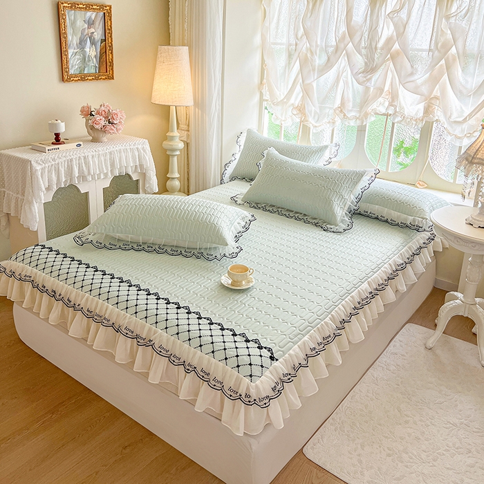 91家纺网 家纺一手货源 找家纺 网红馆（ck家纺） 2026新款凉感丝床笠式床裙乳胶凉席三件套-露娜 露娜-绿