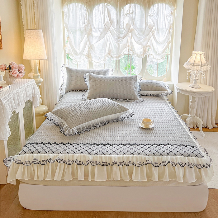 网红馆（ck家纺） 2026新款凉感丝床笠式床裙乳胶凉席三件套-露娜 露娜-灰