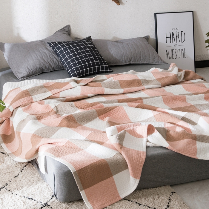 朴尔家纺-毛巾被 2026春夏新款全棉纯棉水洗棉四层纱布毛巾被系列夏被夏凉被空调被 复古大格-豆沙