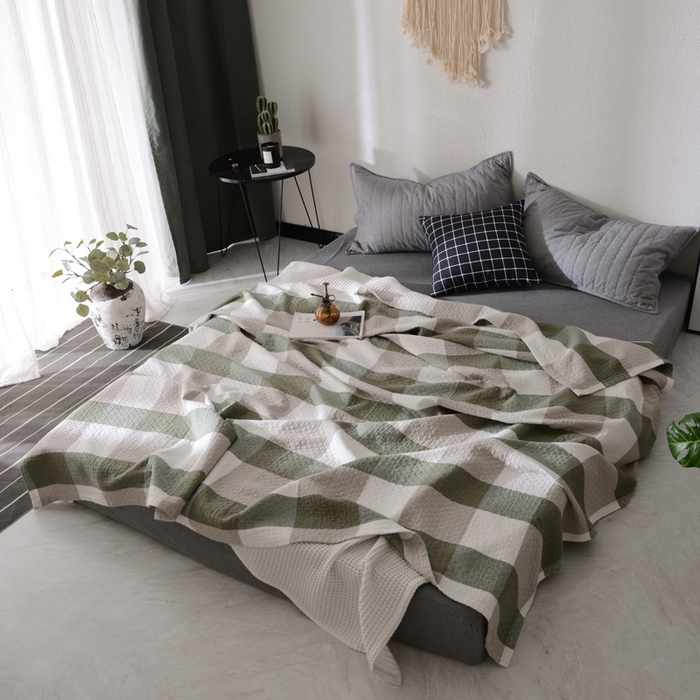 91家纺网 家纺一手货源 找家纺 朴尔家纺-毛巾被 2026春夏新款全棉纯棉水洗棉四层纱布毛巾被系列夏被夏凉被空调被 复古大格-绿