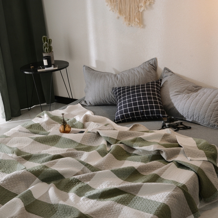 91家纺网 家纺一手货源 找家纺 朴尔家纺-毛巾被 2026春夏新款全棉纯棉水洗棉四层纱布毛巾被系列夏被夏凉被空调被 复古大格-绿