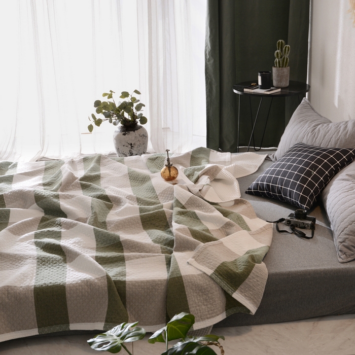 91家纺网 家纺一手货源 找家纺 朴尔家纺-毛巾被 2026春夏新款全棉纯棉水洗棉四层纱布毛巾被系列夏被夏凉被空调被 复古大格-绿