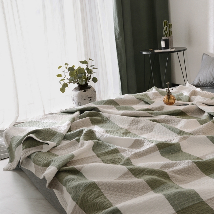 91家纺网 家纺一手货源 找家纺 朴尔家纺-毛巾被 2026春夏新款全棉纯棉水洗棉四层纱布毛巾被系列夏被夏凉被空调被 复古大格-绿