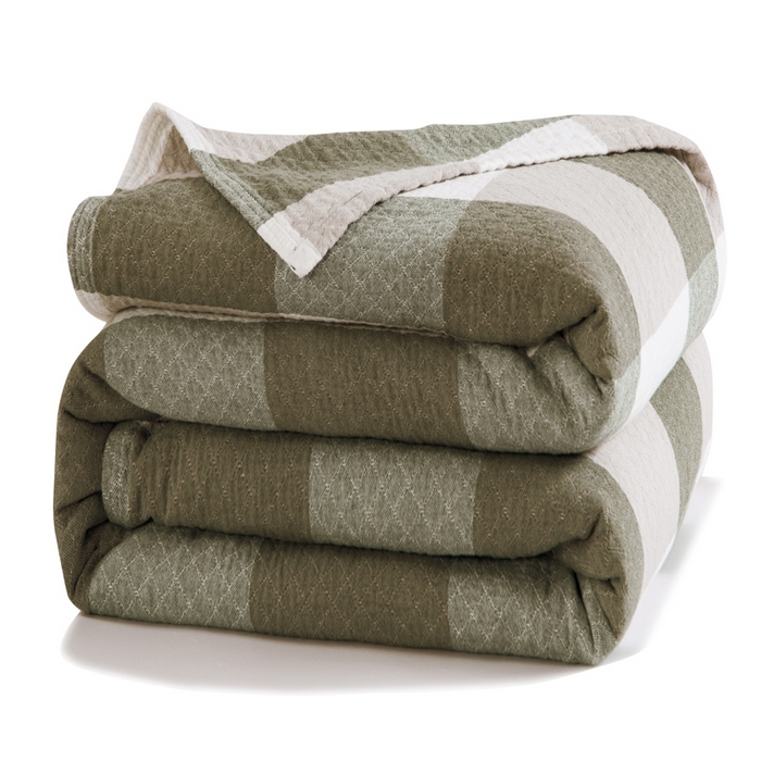 91家纺网 家纺一手货源 找家纺 朴尔家纺-毛巾被 2026春夏新款全棉纯棉水洗棉四层纱布毛巾被系列夏被夏凉被空调被 复古大格-绿