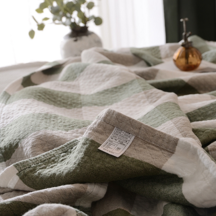91家纺网 家纺一手货源 找家纺 朴尔家纺-毛巾被 2026春夏新款全棉纯棉水洗棉四层纱布毛巾被系列夏被夏凉被空调被 复古大格-绿