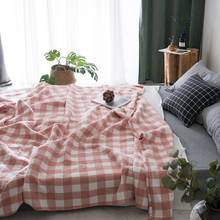 91家纺网 家纺一手货源 找家纺 朴尔家纺-毛巾被 2026春夏新款全棉纯棉水洗棉四层纱布毛巾被系列夏被夏凉被空调被 冷之巧格-粉