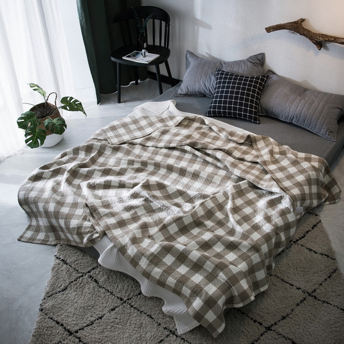 91家纺网 家纺一手货源 找家纺 朴尔家纺-毛巾被 2026春夏新款全棉纯棉水洗棉四层纱布毛巾被系列夏被夏凉被空调被 冷之巧格-咖