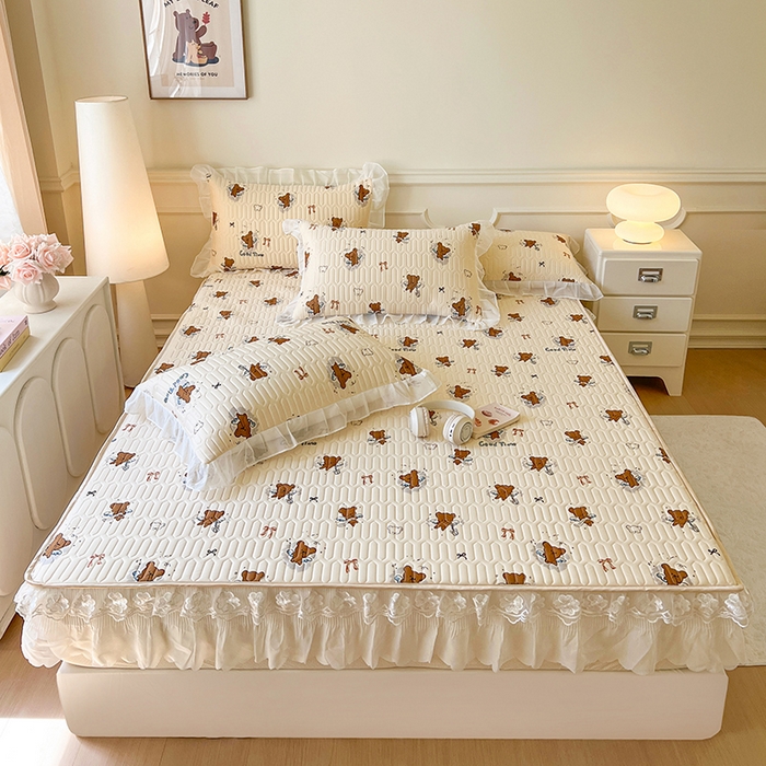 网红馆（ck家纺） 2026新款凉感丝床笠式床裙款乳胶乳印花凉席 嘟嘟熊 茶