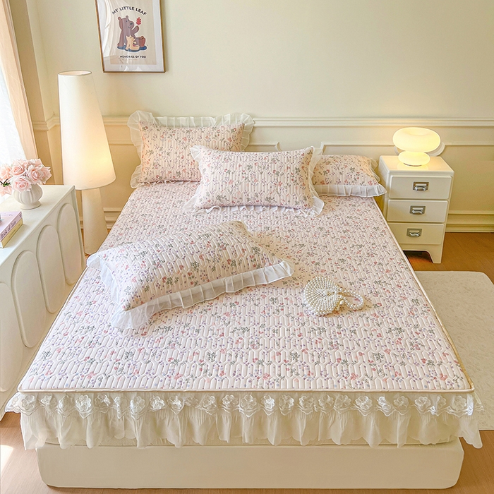 网红馆（ck家纺） 2026新款凉感丝床笠式床裙款乳胶乳印花凉席 花样年华 粉