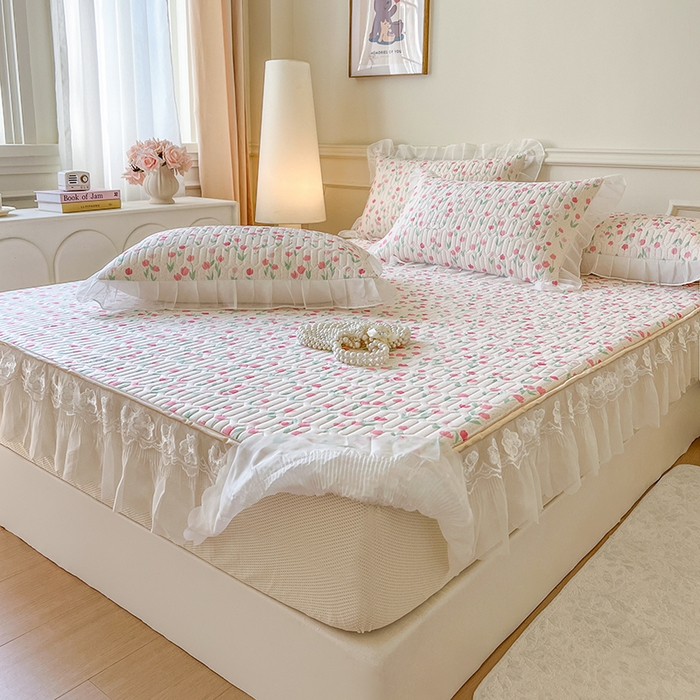 91家纺网 家纺一手货源 找家纺 网红馆（ck家纺） 2026新款凉感丝床笠式床裙款乳胶乳印花凉席 郁兔  粉