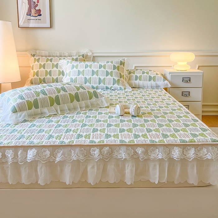 91家纺网 家纺一手货源 找家纺 网红馆（ck家纺） 2026新款凉感丝床笠式床裙款乳胶乳印花凉席 圆梦 绿