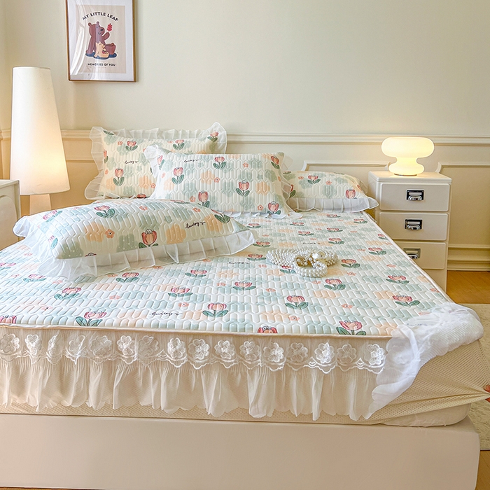 91家纺网 家纺一手货源 找家纺 网红馆（ck家纺） 2026新款凉感丝床笠式床裙款乳胶乳印花凉席 夏花 绿