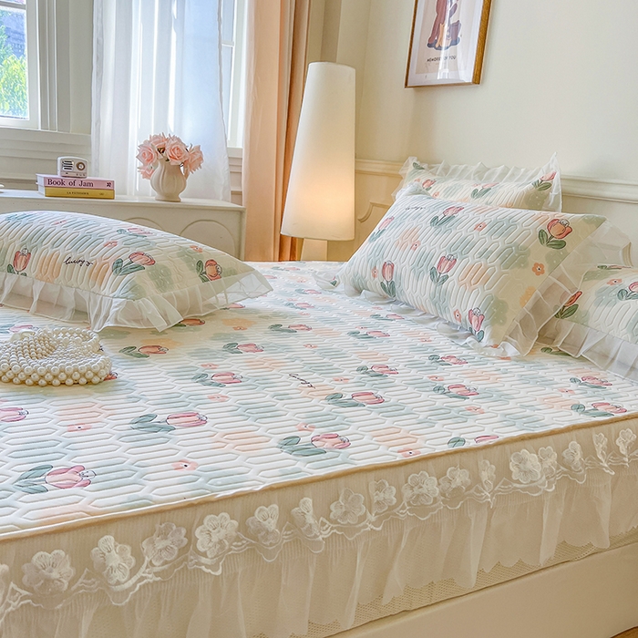 91家纺网 家纺一手货源 找家纺 网红馆（ck家纺） 2026新款凉感丝床笠式床裙款乳胶乳印花凉席 夏花 绿