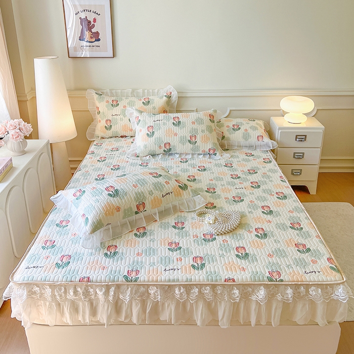 网红馆（ck家纺） 2026新款凉感丝床笠式床裙款乳胶乳印花凉席 夏花 绿