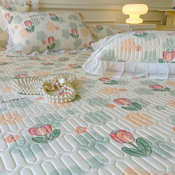 91家纺网 家纺一手货源 找家纺 网红馆（ck家纺） 2026新款凉感丝床笠式床裙款乳胶乳印花凉席 夏花 绿