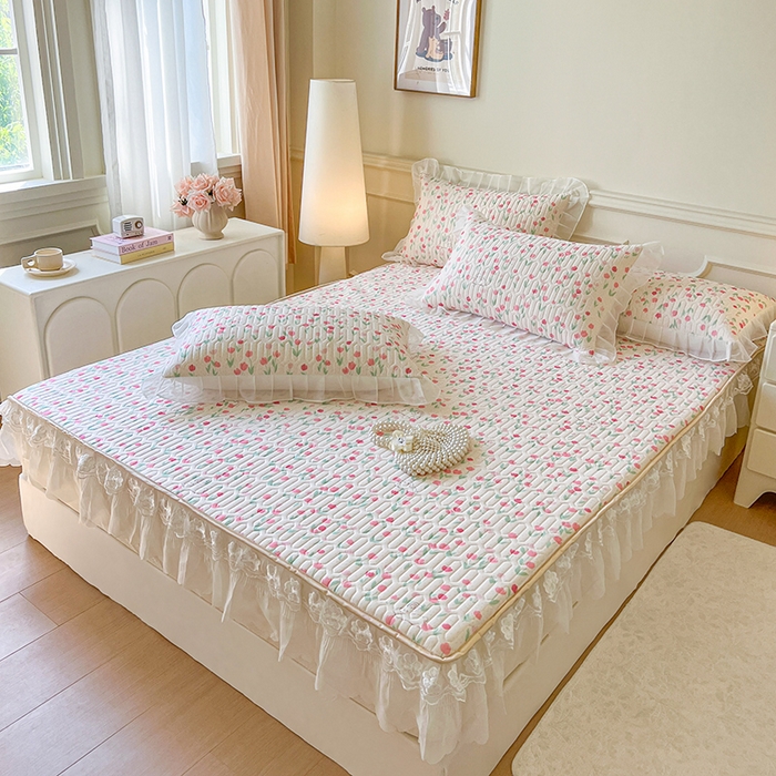 91家纺网 家纺一手货源 找家纺 网红馆（ck家纺） 2026新款凉感丝床笠式床裙款乳胶乳印花凉席 郁兔  粉