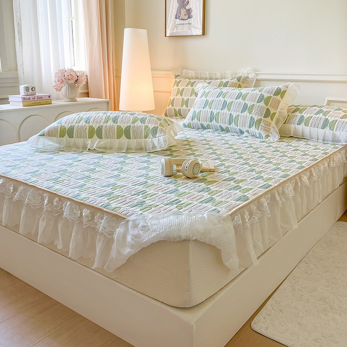 91家纺网 家纺一手货源 找家纺 网红馆（ck家纺） 2026新款凉感丝床笠式床裙款乳胶乳印花凉席 圆梦 绿