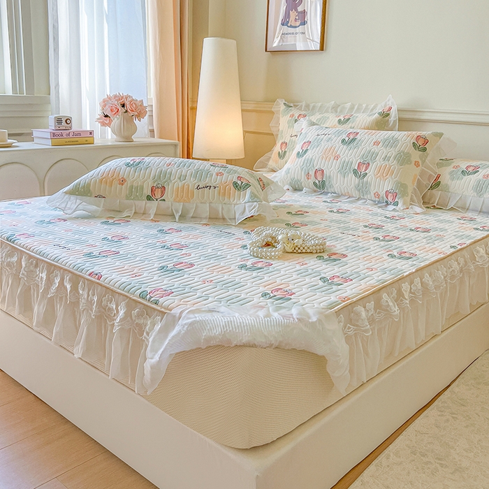 91家纺网 家纺一手货源 找家纺 网红馆（ck家纺） 2026新款凉感丝床笠式床裙款乳胶乳印花凉席 夏花 绿