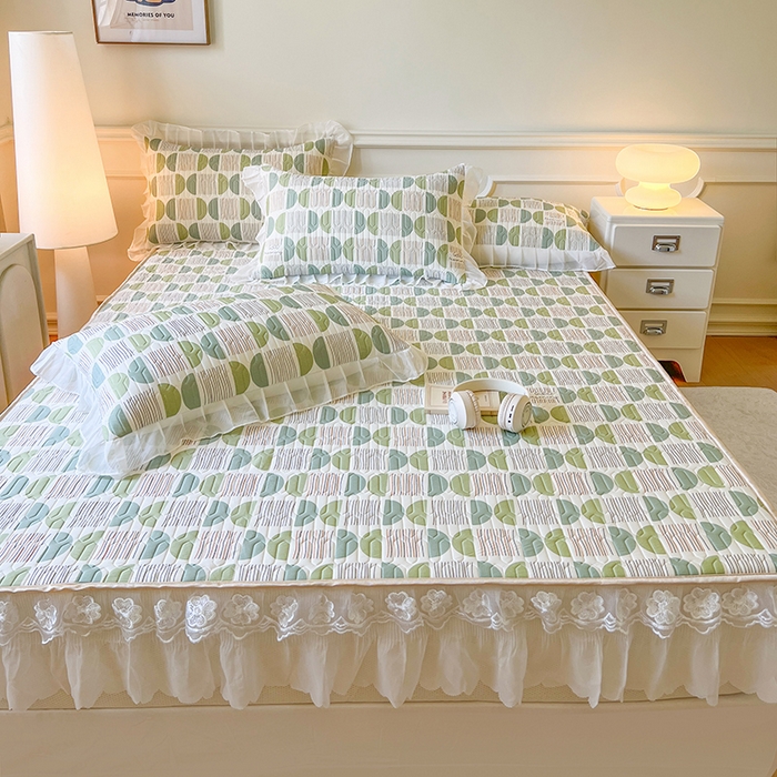 91家纺网 家纺一手货源 找家纺 网红馆（ck家纺） 2026新款凉感丝床笠式床裙款乳胶乳印花凉席 圆梦 绿