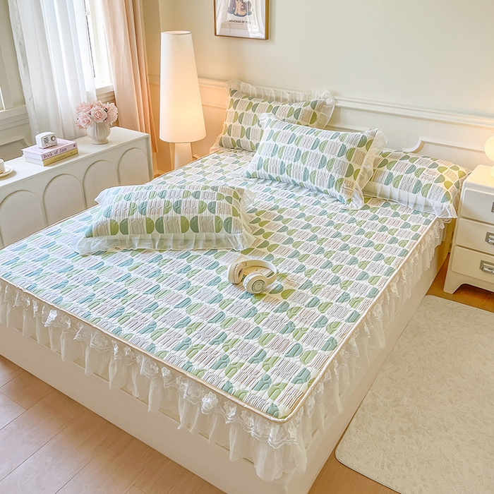 91家纺网 家纺一手货源 找家纺 网红馆（ck家纺） 2026新款凉感丝床笠式床裙款乳胶乳印花凉席 圆梦 绿