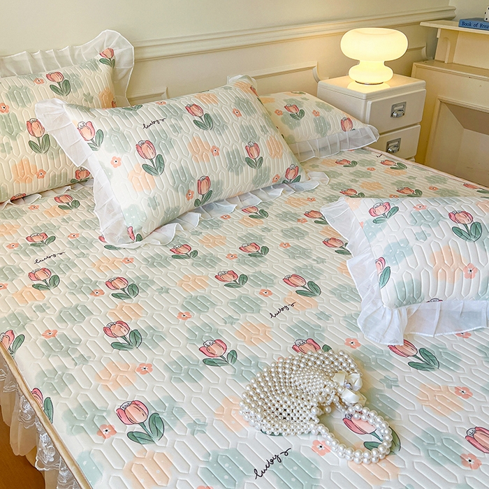 91家纺网 家纺一手货源 找家纺 网红馆（ck家纺） 2026新款凉感丝床笠式床裙款乳胶乳印花凉席 夏花 绿