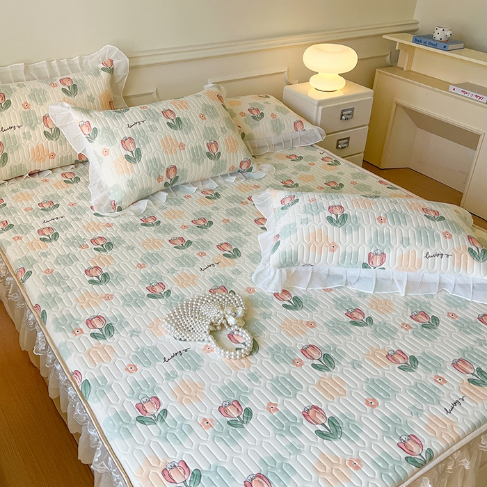 91家纺网 家纺一手货源 找家纺 网红馆（ck家纺） 2026新款凉感丝床笠式床裙款乳胶乳印花凉席 夏花 绿