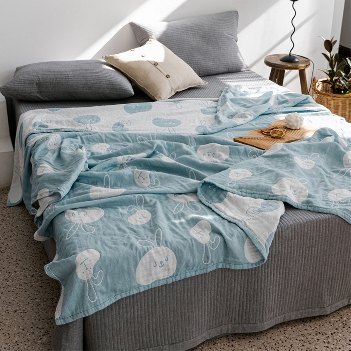 91家纺网 家纺一手货源 找家纺 朴尔家纺-毛巾被 2026春夏新款加厚三层水洗棉全棉纯棉纱布毛巾被夏被夏凉被空调被 灵动兔-兰