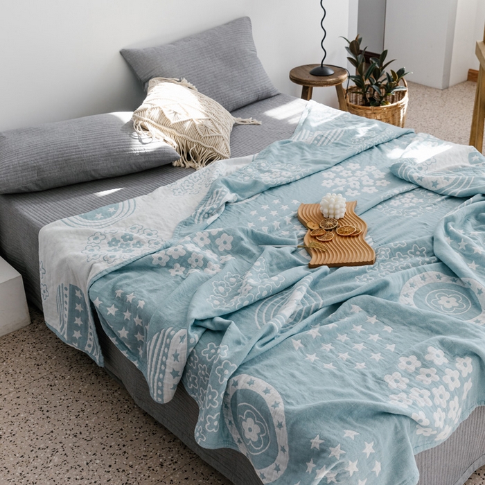 91家纺网 家纺一手货源 找家纺 朴尔家纺-毛巾被 2026春夏新款加厚三层水洗棉全棉纯棉纱布毛巾被夏被夏凉被空调被 星星点点-兰