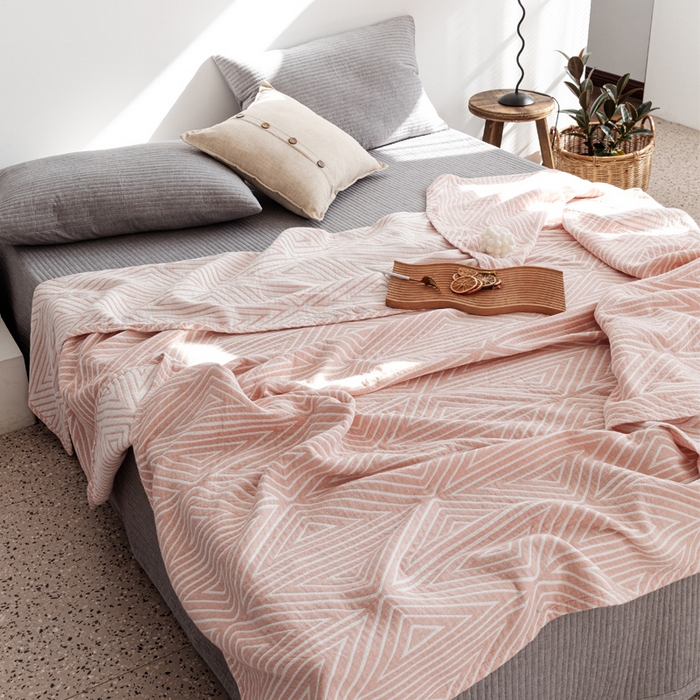 朴尔家纺-毛巾被 2026春夏新款加厚三层水洗棉全棉纯棉纱布毛巾被夏被夏凉被空调被 等边三角-粉