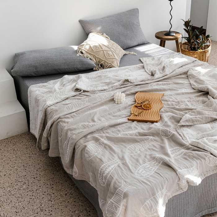 朴尔家纺-毛巾被 2026春夏新款加厚三层水洗棉全棉纯棉纱布毛巾被夏被夏凉被空调被 复古鱼-灰