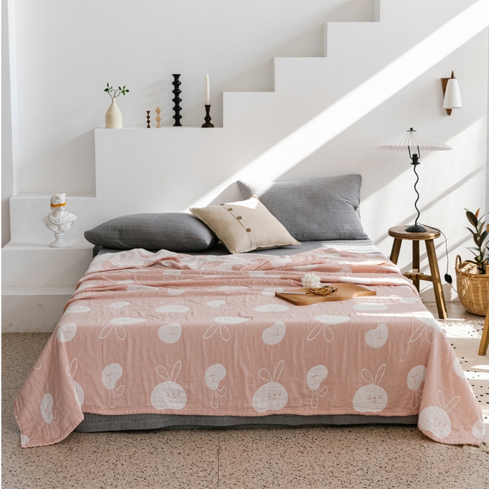 91家纺网 家纺一手货源 找家纺 朴尔家纺-毛巾被 2026春夏新款加厚三层水洗棉全棉纯棉纱布毛巾被夏被夏凉被空调被 灵动兔-粉