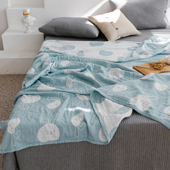 91家纺网 家纺一手货源 找家纺 朴尔家纺-毛巾被 2026春夏新款加厚三层水洗棉全棉纯棉纱布毛巾被夏被夏凉被空调被 灵动兔-兰