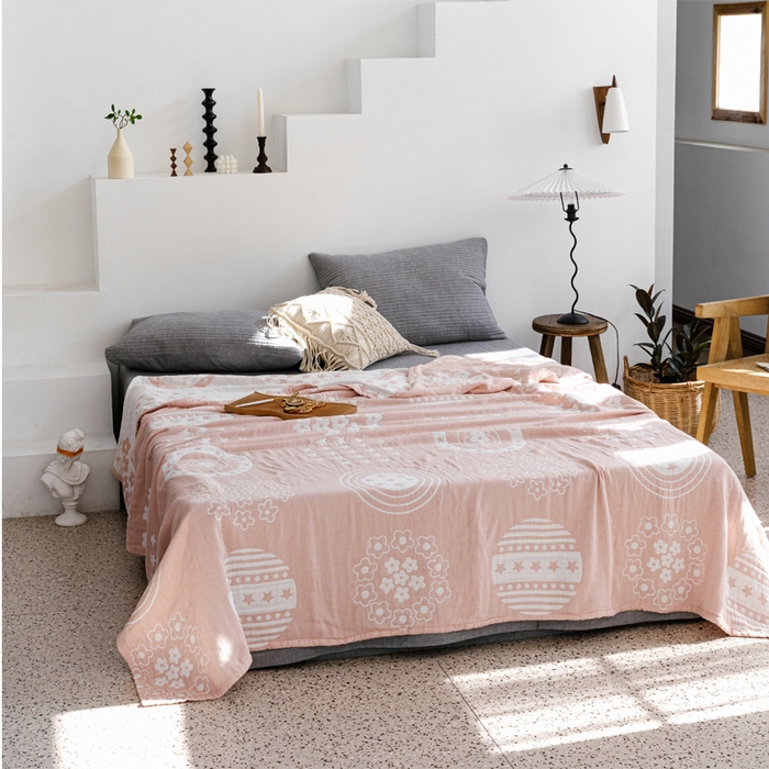 91家纺网 家纺一手货源 找家纺 朴尔家纺-毛巾被 2026春夏新款加厚三层水洗棉全棉纯棉纱布毛巾被夏被夏凉被空调被 星星点点-粉