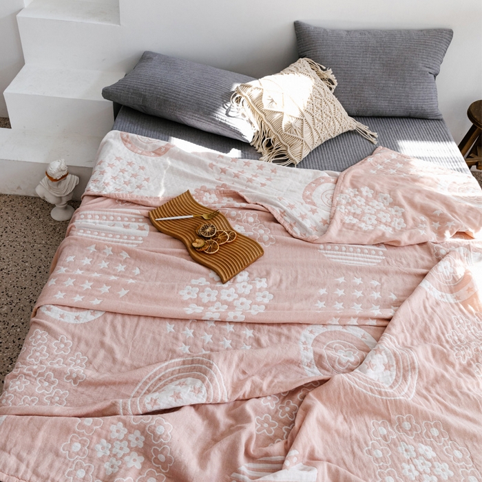 91家纺网 家纺一手货源 找家纺 朴尔家纺-毛巾被 2026春夏新款加厚三层水洗棉全棉纯棉纱布毛巾被夏被夏凉被空调被 星星点点-粉